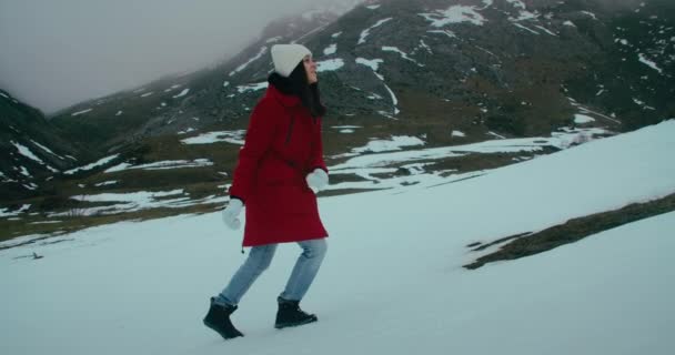 Wesoła Turystka Wspinająca Się Zaśnieżone Wzgórze Podczas Zimowych Wakacji Szczęśliwa — Wideo stockowe