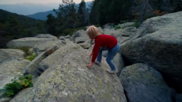 Dzieci Wakacjach Wspinać Się Skakać Chodzić Dużych Skałach Górskich Lesie — Wideo stockowe