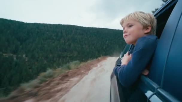 Chlapec Horské Dovolené Výlet Vozidla Okna Vychutnat Cestování Spokojené Dítě — Stock video