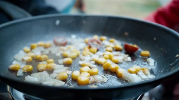 Yakın Çekim Tatilde Dışarıda Sağlıklı Yemek Pişiren Insanları Çeker Omlet — Stok video