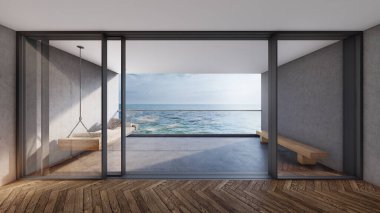 Balkon manzaralı modern oda, deniz ve gökyüzü üzerinde. 3B illüstrasyon