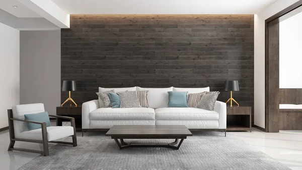 Interior living room modern style,white sofa with dark wooden background. 3D illustration