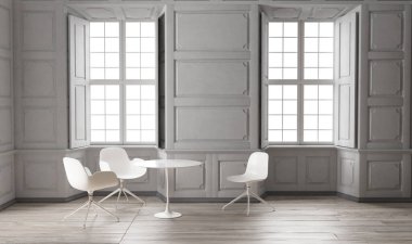 İki pencereli klasik yemek odası tarzı. 3B illüstrasyon