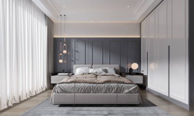 Geniş pencereli modern lüks klasik yatak odası. 3B illüstrasyon
