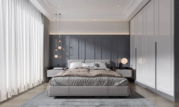 Dormitorio Clásico Lujo Moderno Con Luz Natural Desde Gran Ventanal — Foto de Stock