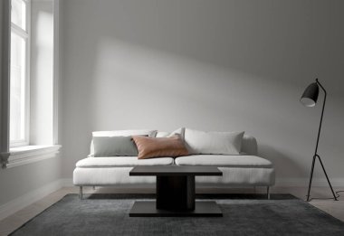 İç mekan modern tarz, beyaz kanepe ve gündüz penceresi. 3B illüstrasyon