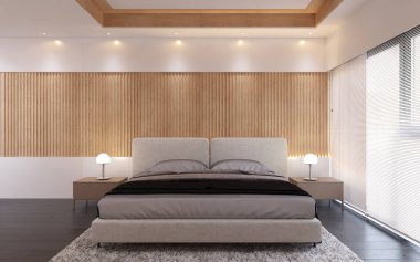 İç yatak odası modern tarzda ahşap panelli arka plan. 3B illüstrasyon