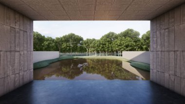 Beton yol gölette yüzer ve güzel bir ormana bakar. 3B illüstrasyon