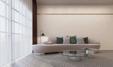 İç mekan modern tarz şeffaf perde ve gündüz penceresi. 3B illüstrasyon