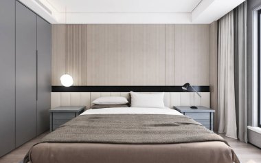 İç dizayn modern yatak odası, pencereden gün ışığı. 3B illüstrasyon