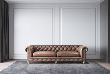 İçi gri duvarlı, penceresi perdeli klasik bir kanepe. 3B illüstrasyon