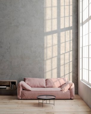 Moda İskandinav tarzı ya da hygge tarzında rahat bir iç mekan. Pencerenin yanında kanepesi olan oturma odası.
