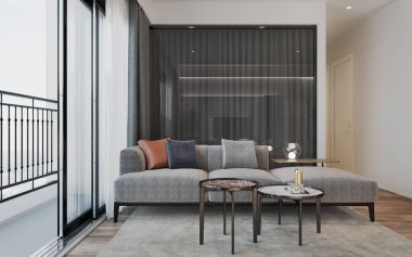 Oturma odası 3D illüstrasyonun modern iç mekanı