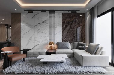 3D resimli oturma odasının lüks modern iç tasarımı