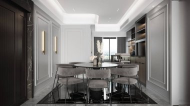 Yemek masası ve sandalyeli klasik yemek masası. 3 boyutlu illüstrasyon.