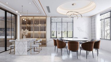 Modern klasik yemek masası ve sandalyeleri. 3 boyutlu illüstrasyon.