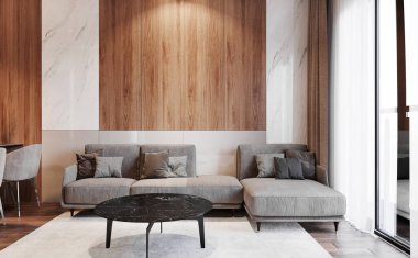 Oturma odası 3D illüstrasyonun modern iç mekanı