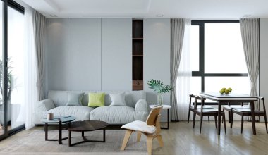 Oturma odası 3D illüstrasyonun modern iç mekanı