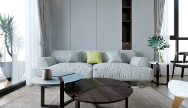 Oturma odası 3D illüstrasyonun modern iç mekanı