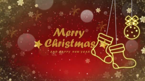 アニメーション赤の背景と金色の雪の結晶が金色のテキストで輝きますメリークリスマス — ストック動画