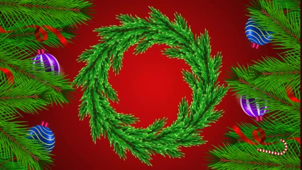 Animacja Zielony Ozdobiony Wieniec Czerwonym Tle Projektowania Boże Narodzenie Lub — Wideo stockowe