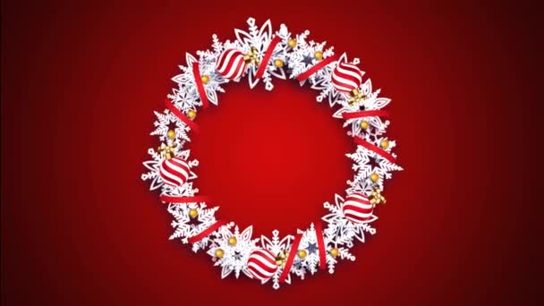Анимация Белый Украшенный Венок Красном Фоне Дизайна Рождество Новый Год — стоковое видео