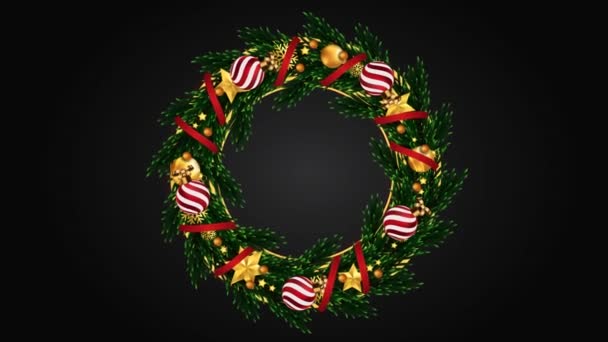Animation Green Decorated Wreath Black Background Design Christmas New Year — Stock Video