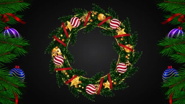 Animation Green Decorated Wreath Black Background Design Christmas New Year — Stock Video