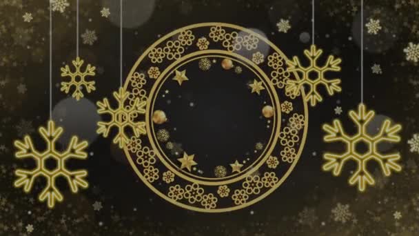 Κινούμενα Σχέδια Χρυσό Διακοσμημένο Στεφάνι Μαύρο Φόντο Για Σχεδιασμό Χριστούγεννα — Αρχείο Βίντεο