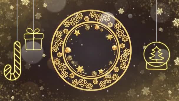 Animation Goldener Dekorierter Kranz Auf Schwarzem Hintergrund Für Design Weihnachten — Stockvideo