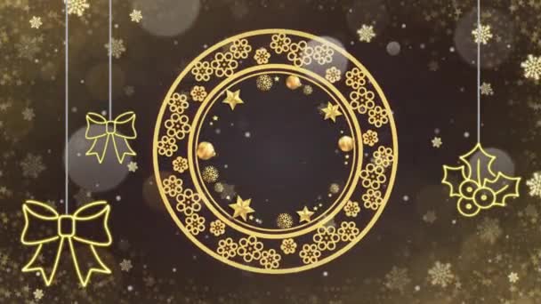 Animation Golden Decorated Wreath Black Background Design Christmas New Year — Stock Video