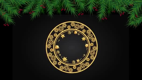 Animacja Złoty Ozdobiony Wieniec Czarnym Tle Projektowania Bożego Narodzenia Lub — Wideo stockowe