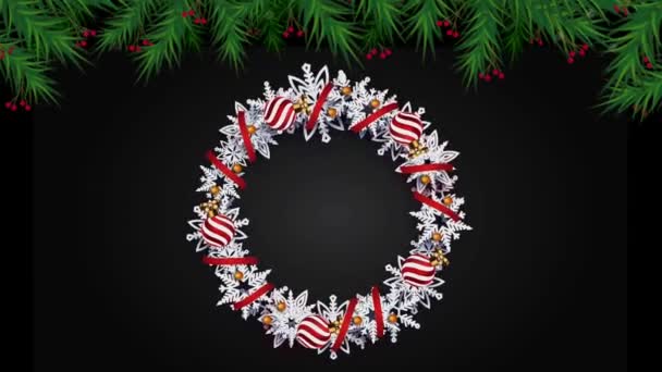 Анімація Білий Прикрашений Вінок Чорному Тлі Дизайну Різдвяного Або Новорічного — стокове відео