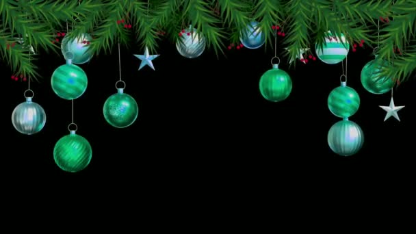 アニメーションテキストデザインクリスマスや新年のテンプレートのための黒の背景に緑のボールとハッピーニューイヤー — ストック動画