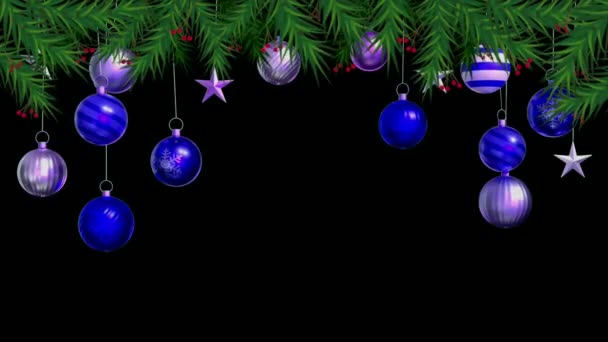 アニメーションテキストデザインクリスマスや新年のテンプレートのための黒の背景に青いボールとハッピーニューイヤー — ストック動画