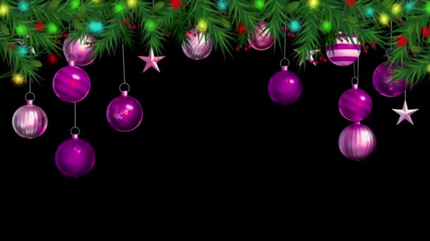设计圣诞或新年模板的动画文字Happy新年 背景为黑色的紫色球 — 图库视频影像