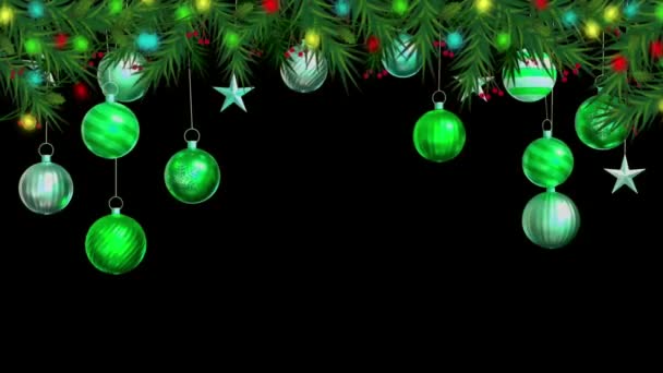 设计圣诞或新年模板的动画文字Happy新年 背景为黑色的绿色球 — 图库视频影像