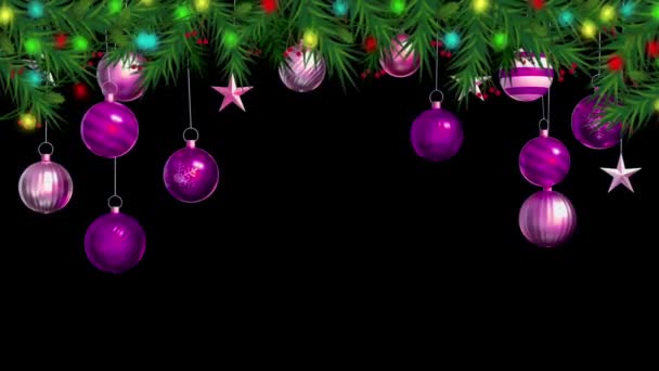 Фиолетовые Шарики Анимации Черном Фоне Оформления Рождества Новогоднего Шаблона — стоковое видео