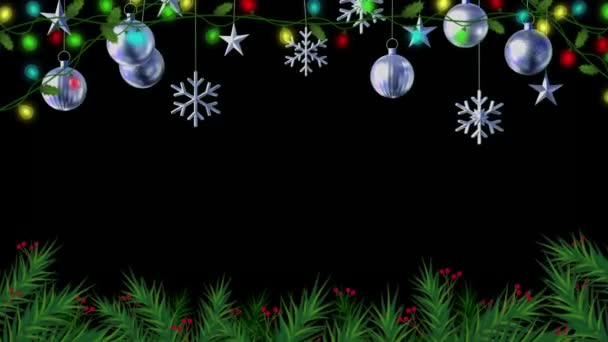 Animatie Zilveren Ballen Zwarte Achtergrond Voor Design Kerst Nieuwjaar Sjabloon — Stockvideo