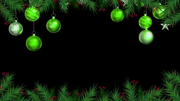 设计圣诞或新年模板的动画文字Happy新年 背景为黑色的绿色球 — 图库视频影像