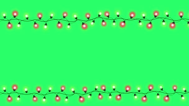 緑の画面上に隔離されたデザインクリスマスや新年のテンプレートのためのアニメーションカラフルな光のガーランドフレーム — ストック動画