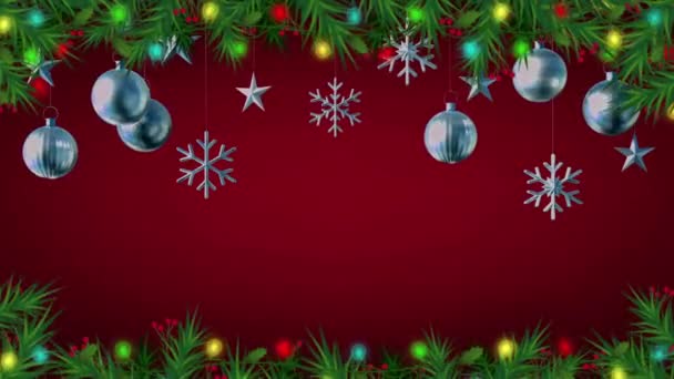 デザインクリスマスや新年のテンプレートのための赤い背景に隔離されたアニメーションカラフルなボール — ストック動画