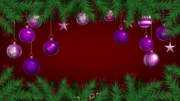 设计圣诞节或新年模板时红色背景上的动画紫色球隔离 — 图库视频影像