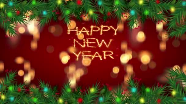 赤い背景とテキストを持つアニメーションオレンジライトボケデザインクリスマスや新年のテンプレートのための幸せな新年 — ストック動画
