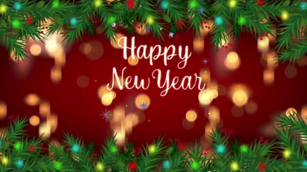 赤い背景とテキストを持つアニメーションオレンジライトボケデザインクリスマスや新年のテンプレートのための幸せな新年 — ストック動画