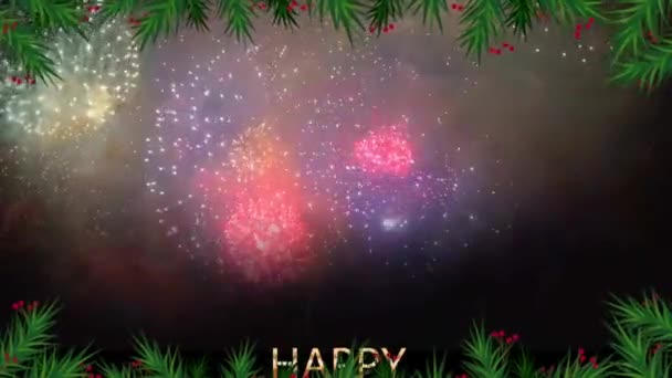 Animación Texto Dorado Feliz Año Nuevo Con Fondo Fuegos Artificiales — Vídeo de stock