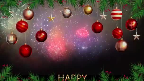 动画黄金文字Happy新年与现实的五彩缤纷的烟火背景设计圣诞或新年模板 — 图库视频影像