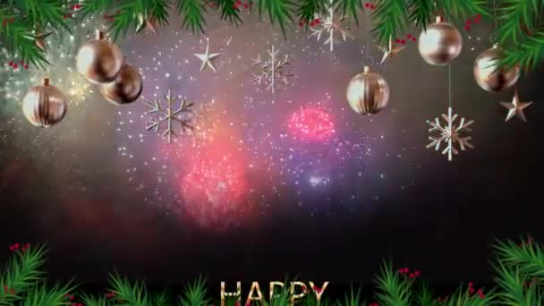 Animation Golden Text Happy New Year Realistic Colorful Firework Background — Stock Video