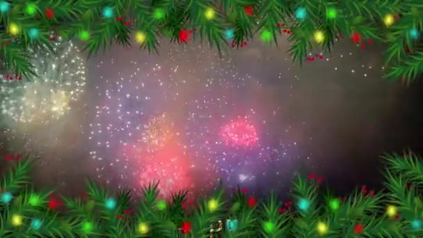 アニメーション黄金のテキストデザインクリスマスや新年のテンプレートのための現実的なカラフルな花火の背景とハッピーニューイヤー — ストック動画