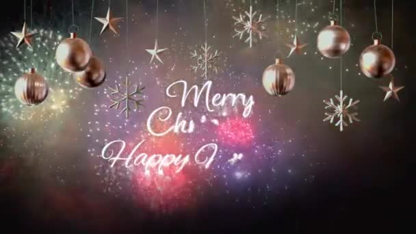 アニメーションテキストはクリスマスハッピーニューイヤーとデザインクリスマスや新年のテンプレートのための現実的なカラフルな花火の背景と結婚 — ストック動画